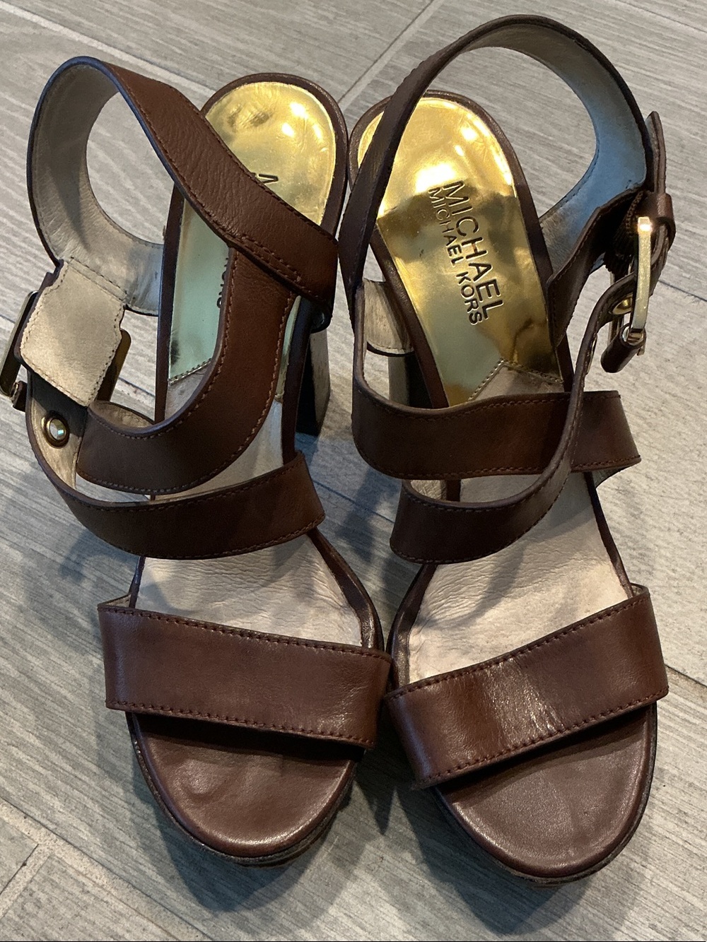 Michael Kors Brown Leather Strappy 4.5” Heels with Gold Insole Sz 8M